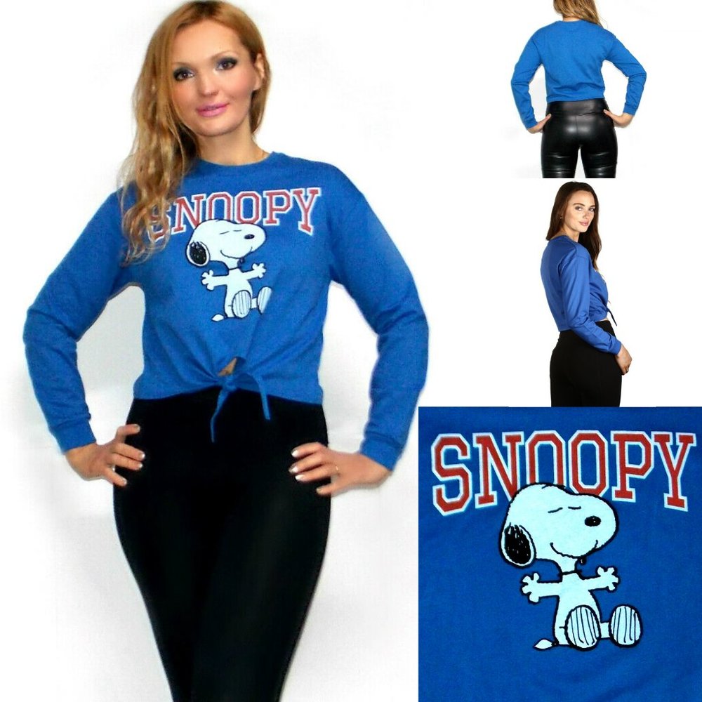 Licensed Snoopy Peanuts Tie-Front crop sweatshirt with big Snoopy S,M,L,XL,Blue